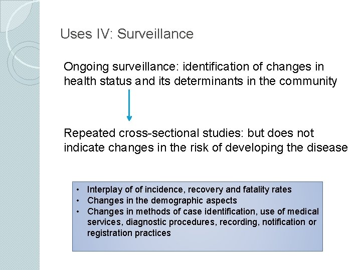 Uses IV: Surveillance Ongoing surveillance: identification of changes in health status and its determinants Uses IV: Surveillance Ongoing surveillance: identification of changes in health status and its determinants