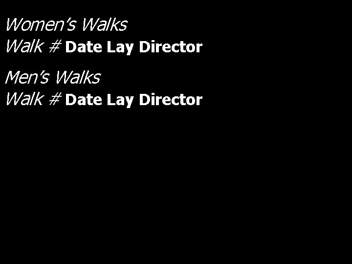 Women’s Walk # Date Lay Director Men’s Walk # Date Lay Director Women’s Walk # Date Lay Director Men’s Walk # Date Lay Director