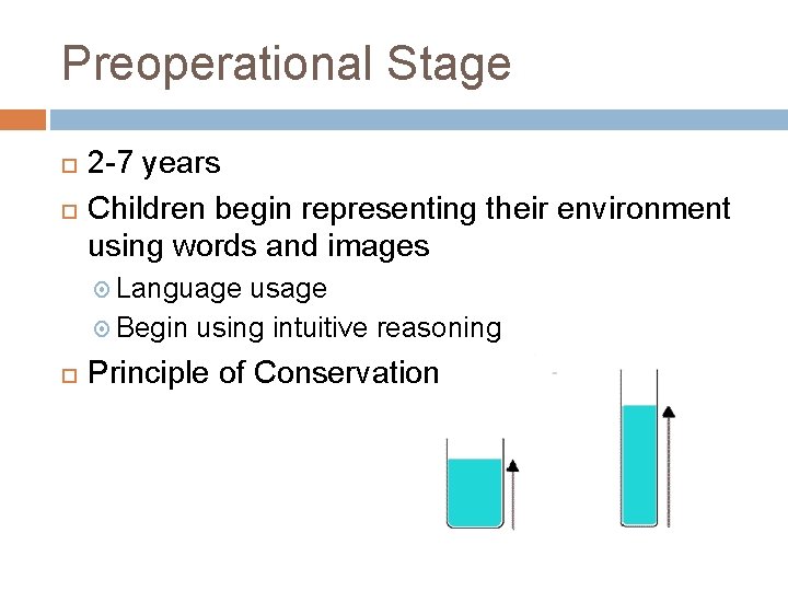 Preoperational Stage 2 -7 years Children begin representing their environment using words and images Preoperational Stage 2 -7 years Children begin representing their environment using words and images