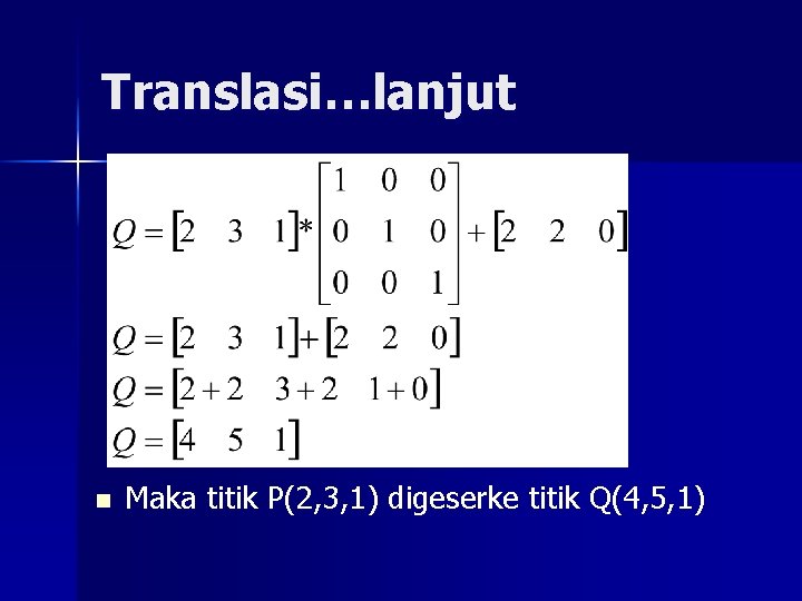 Translasi…lanjut n Maka titik P(2, 3, 1) digeserke titik Q(4, 5, 1) 