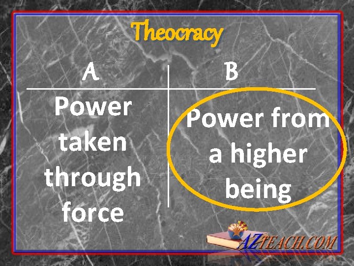 Theocracy A Power taken through force B Power from a higher being 