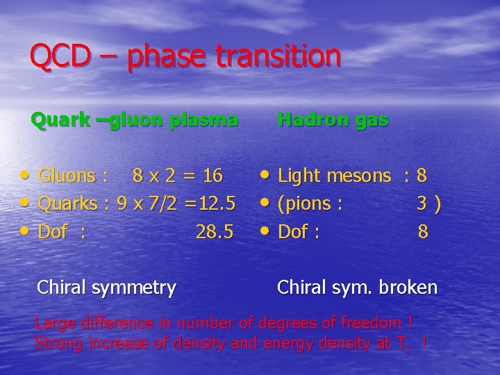 QCD – phase transition Quark –gluon plasma Hadron gas • Gluons : 8 x