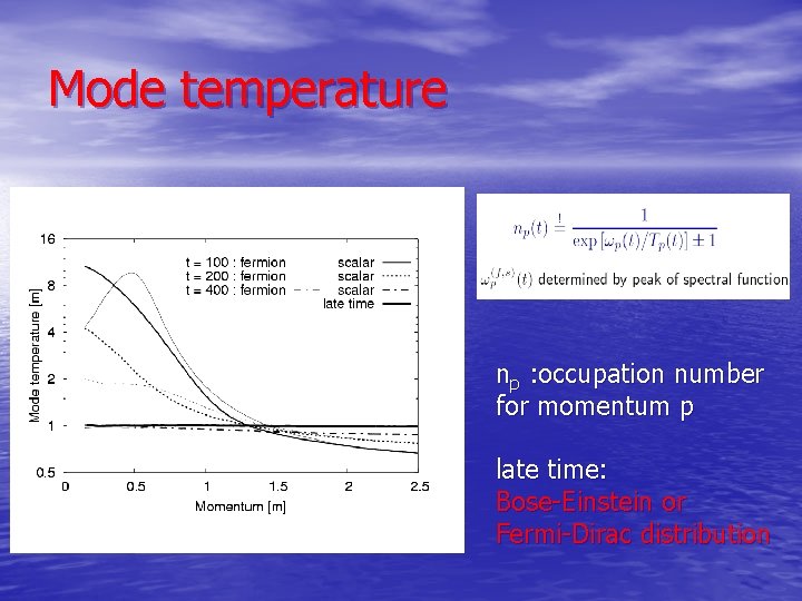 Mode temperature np : occupation number for momentum p late time: Bose-Einstein or Fermi-Dirac