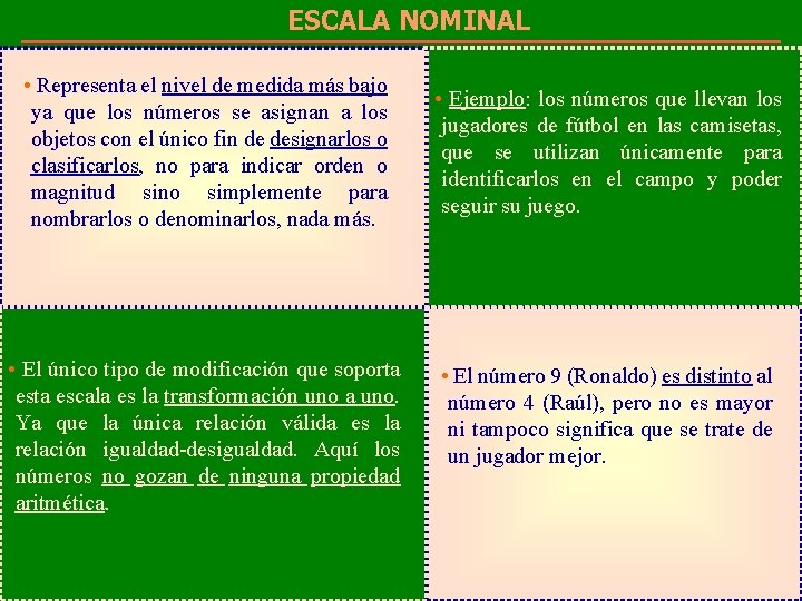 ESCALA NOMINAL • Representa el nivel de medida más bajo ya que los números