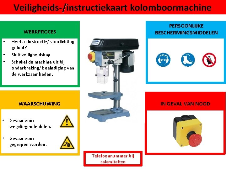 Veiligheids-/instructiekaart kolomboormachine PERSOONLIJKE BESCHERMINGSMIDDELEN WERKPROCES • • • Heeft u instructie/ voorlichting gehad? Sluit