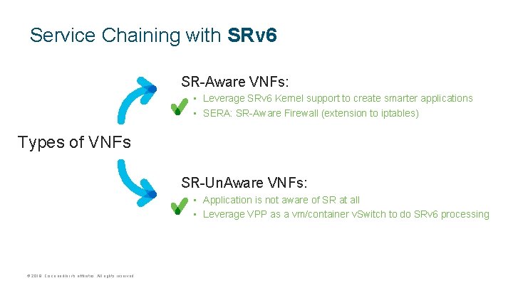 Service Chaining with SRv 6 SR-Aware VNFs: • Leverage SRv 6 Kernel support to