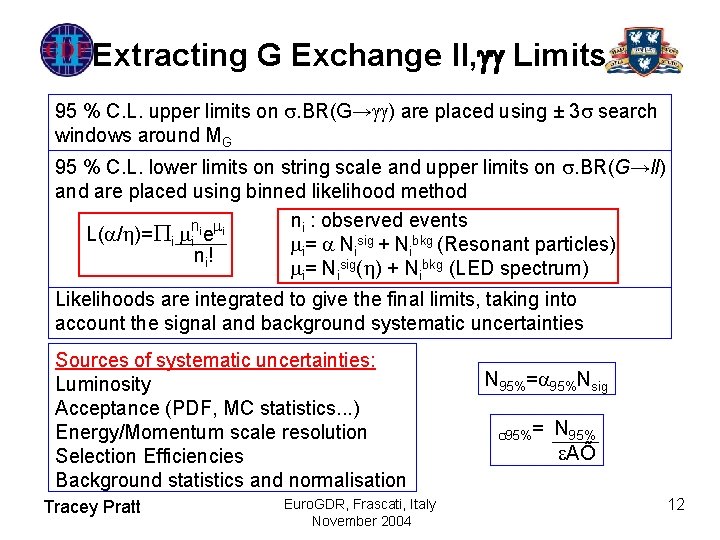 Extracting G Exchange ll, Limits 95 % C. L. upper limits on . BR(G→ Extracting G Exchange ll, Limits 95 % C. L. upper limits on . BR(G→