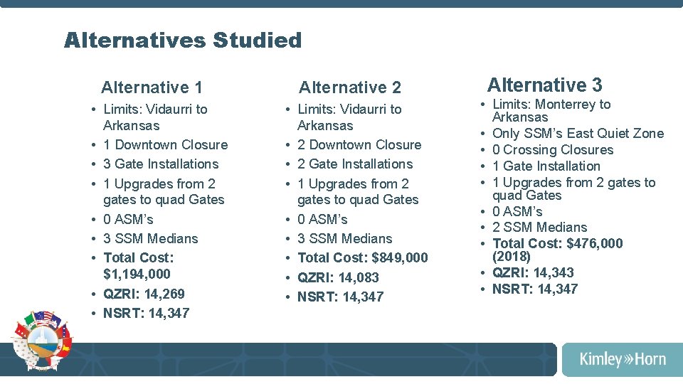 Alternatives Studied Alternative 1 • Limits: Vidaurri to Arkansas • 1 Downtown Closure •