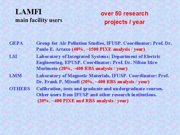 LAMFI main facility users GEPA LSI LMM OTHERS over 50 research projects / year