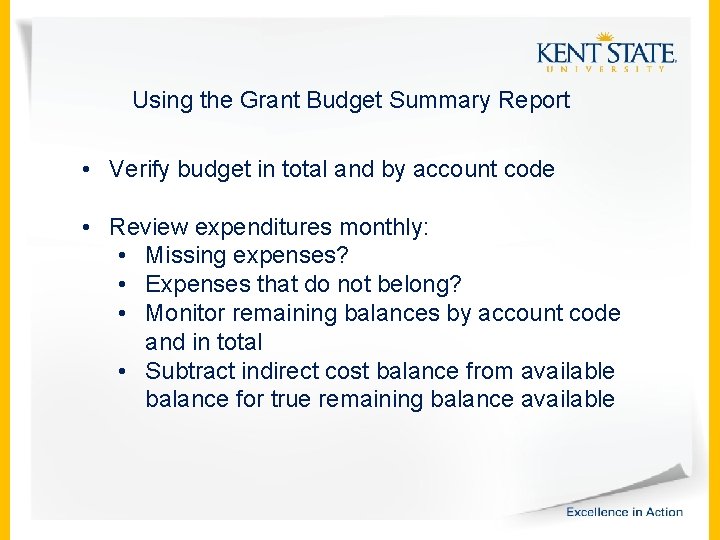 Using the Grant Budget Summary Report • Verify budget in total and by account