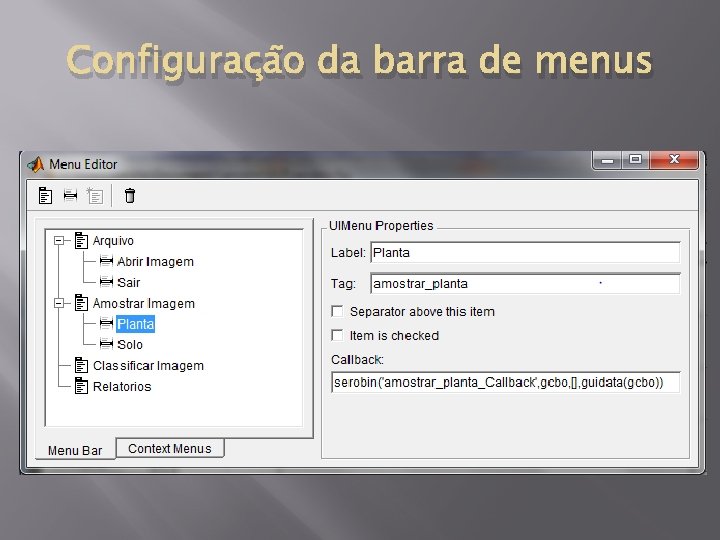 Configuração da barra de menus 