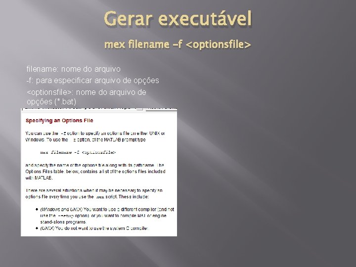 Gerar executável mex filename -f <optionsfile> filename: nome do arquivo -f: para especificar arquivo