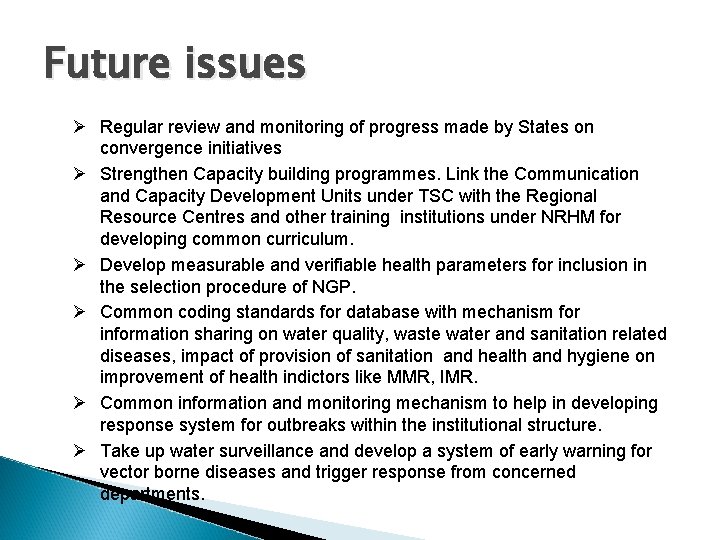 Future issues Ø Regular review and monitoring of progress made by States on convergence