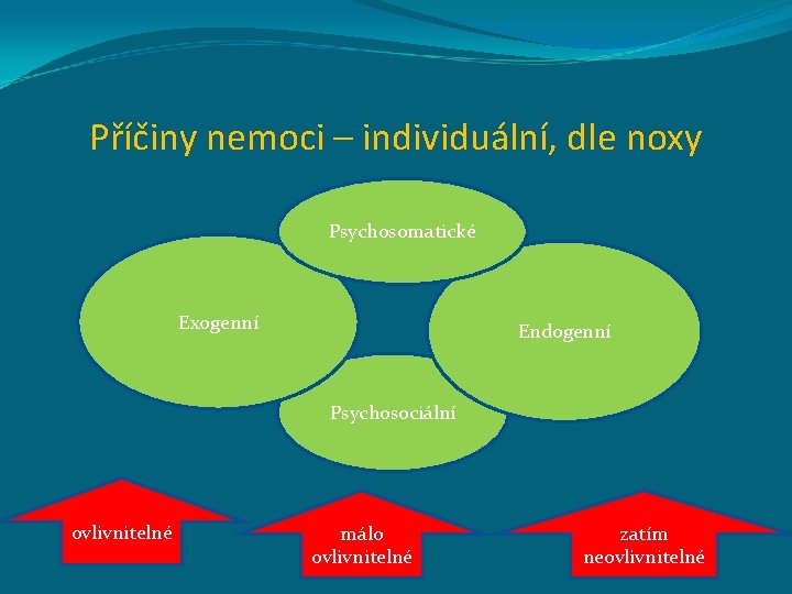 Příčiny nemoci – individuální, dle noxy Psychosomatické Exogenní Endogenní Psychosociální ovlivnitelné málo ovlivnitelné zatím