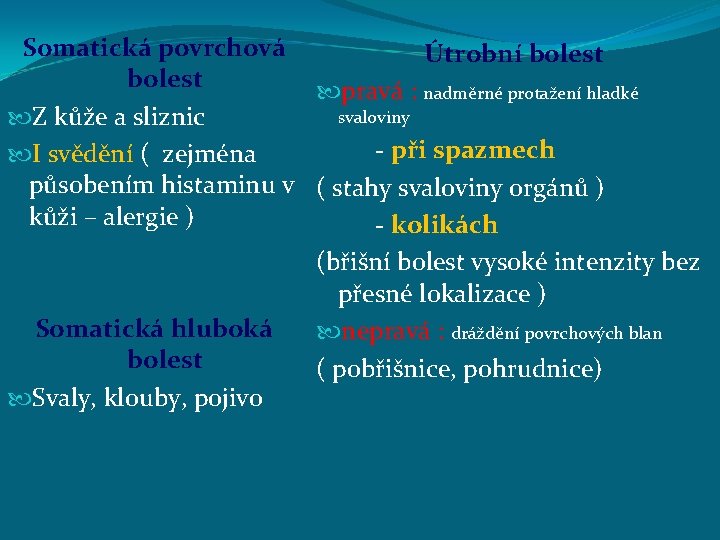 Somatická povrchová Útrobní bolest pravá : nadměrné protažení hladké svaloviny Z kůže a sliznic