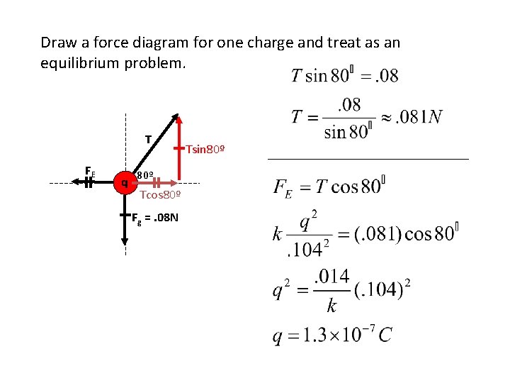Draw a force diagram for one charge and treat as an equilibrium problem. T