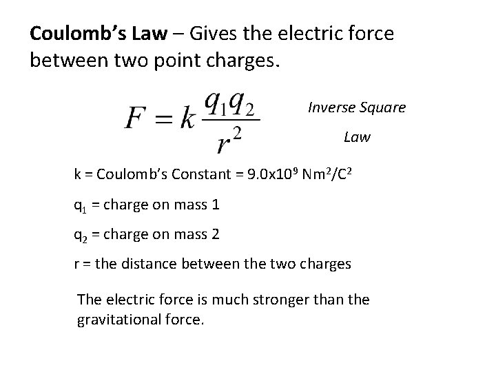 Coulomb’s Law – Gives the electric force between two point charges. Inverse Square Law