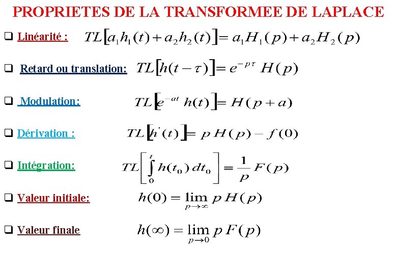 PROPRIETES DE LA TRANSFORMEE DE LAPLACE q Linéarité : q Retard ou translation: q