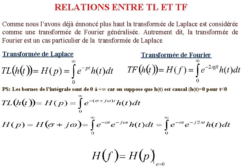 RELATIONS ENTRE TL ET TF Comme nous l’avons déjà énnoncé plus haut la transformée