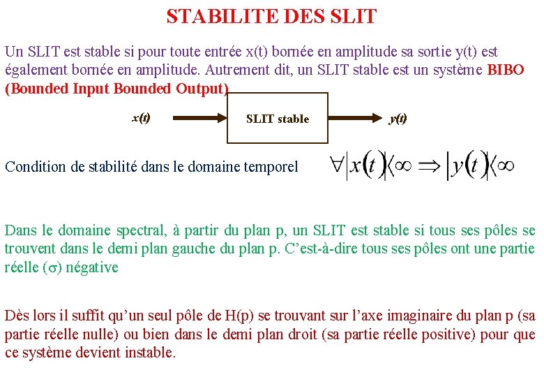 STABILITE DES SLIT Un SLIT est stable si pour toute entrée x(t) bornée en