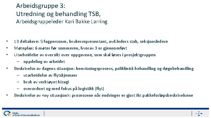 Arbeidsgruppe 3: Utredning og behandling TSB, Arbeidsgruppeleder Kari Bakke Larring • • • 13