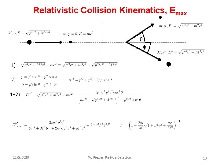 Relativistic Collision Kinematics, Emax θ φ 1) 2) 1+2) 11/5/2020 W. Riegler, Particle Detectors