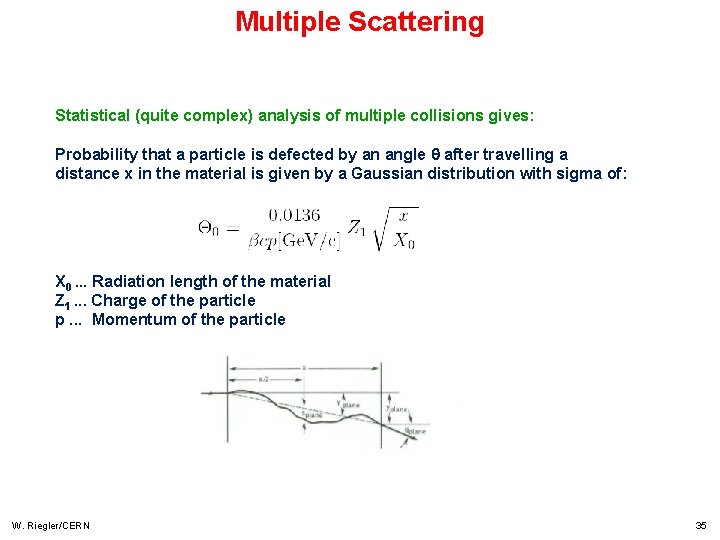 Multiple Scattering Statistical (quite complex) analysis of multiple collisions gives: Probability that a particle