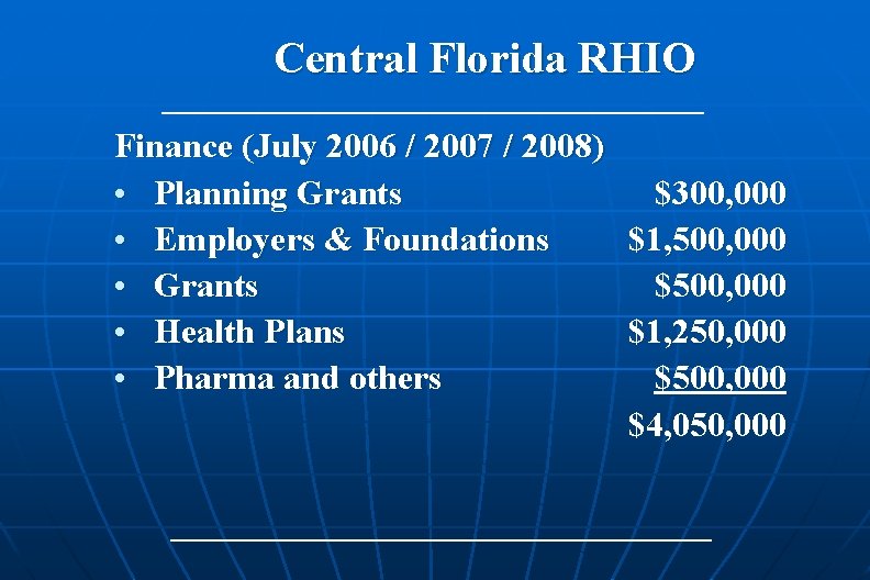 Central Florida RHIO Finance (July 2006 / 2007 / 2008) • Planning Grants •