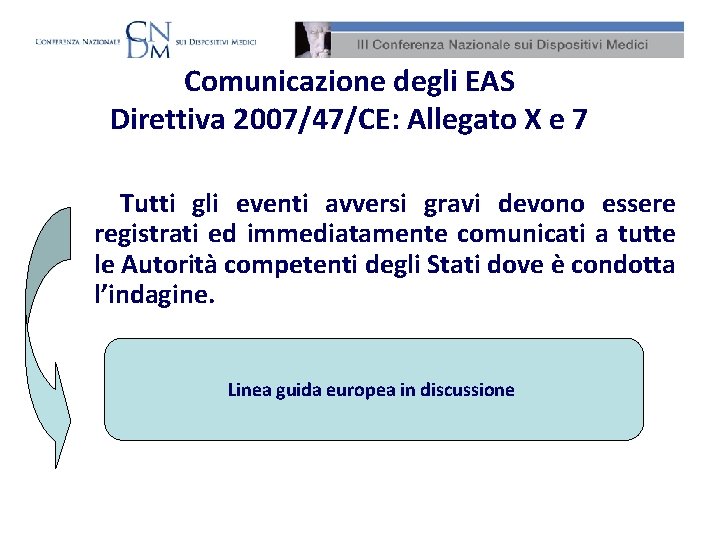 Comunicazione degli EAS Direttiva 2007/47/CE: Allegato X e 7 Tutti gli eventi avversi gravi