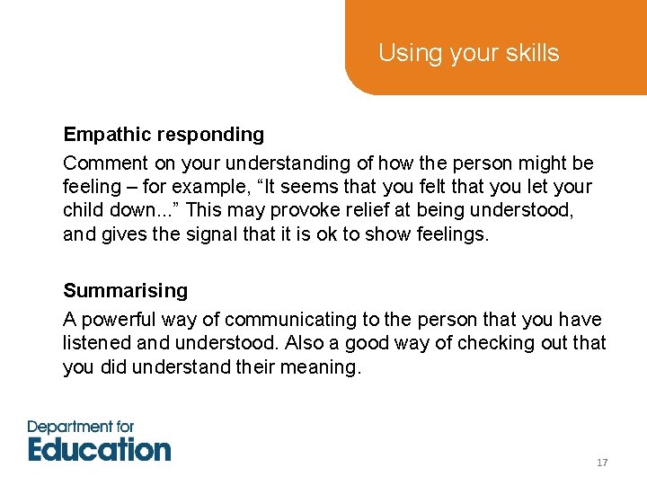 Using your skills Empathic responding Comment on your understanding of how the person might