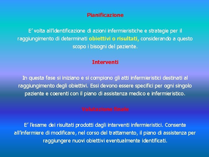Pianificazione E’ volta all’identificazione di azioni infermieristiche e strategie per il raggiungimento di determinati