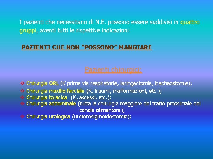 I pazienti che necessitano di N. E. possono essere suddivisi in quattro gruppi, aventi