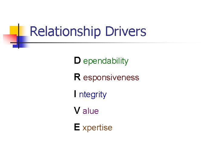 Relationship Drivers D ependability R esponsiveness I ntegrity V alue E xpertise 