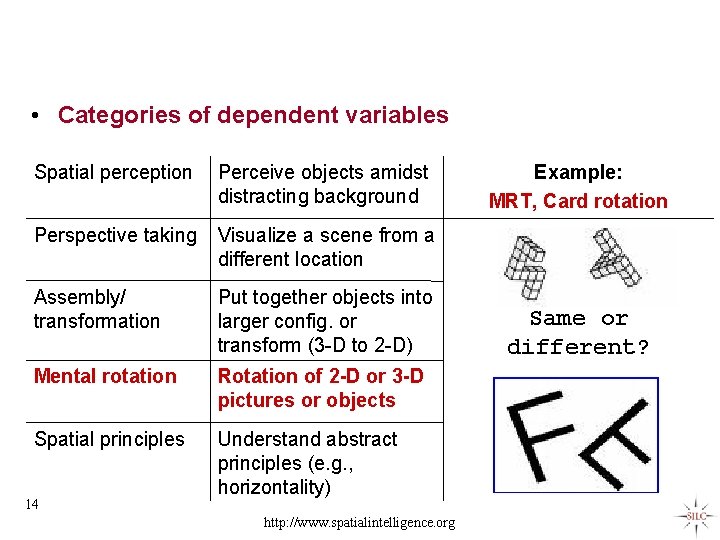  • Categories of dependent variables Spatial perception Perceive objects amidst distracting background Perspective