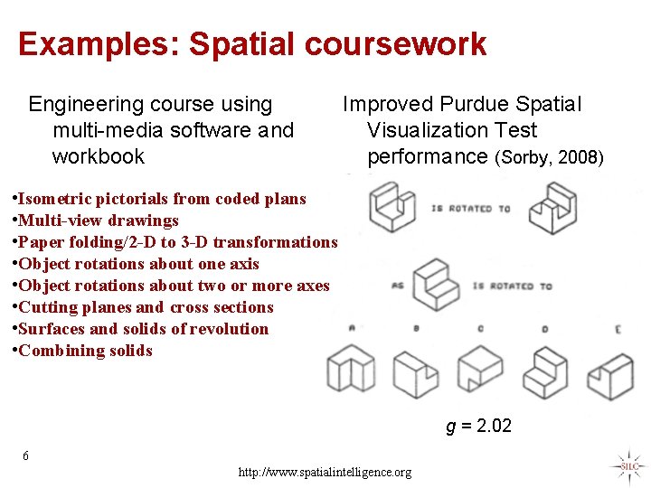 Examples: Spatial coursework Engineering course using multi-media software and workbook Improved Purdue Spatial Visualization