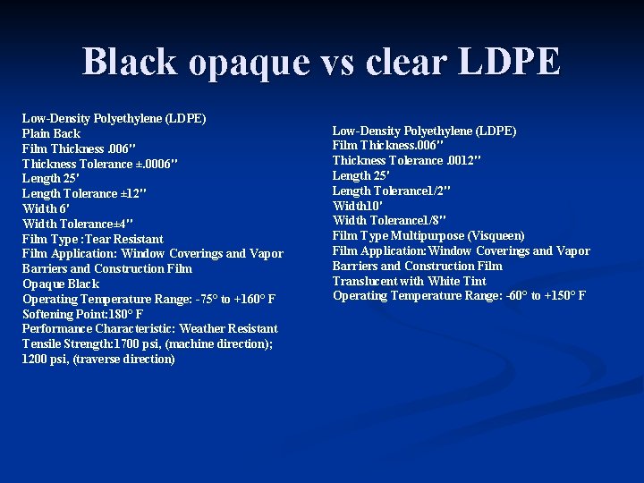 Black opaque vs clear LDPE Low-Density Polyethylene (LDPE) Plain Back Film Thickness. 006" Thickness