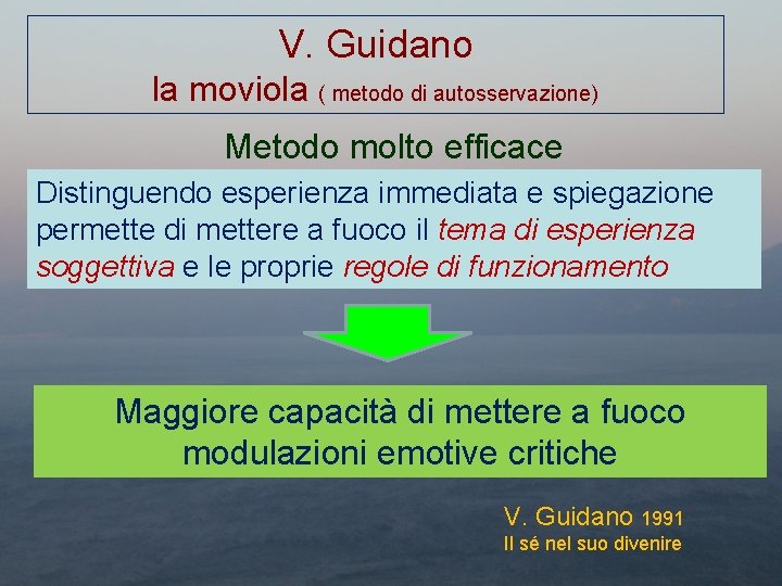 V. Guidano la moviola ( metodo di autosservazione) Metodo molto efficace Distinguendo esperienza immediata