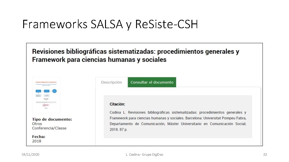 Frameworks SALSA y Re. Siste-CSH 04/11/2020 L. Codina - Grupo Digi. Doc 22 