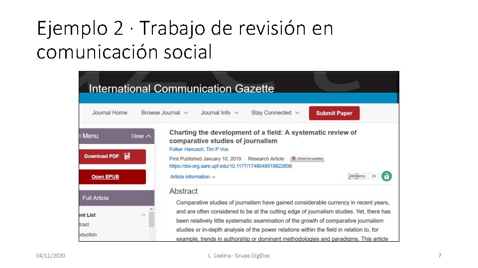 Ejemplo 2 · Trabajo de revisión en comunicación social 04/11/2020 L. Codina - Grupo