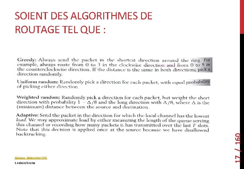 Réseaux Datacenter/HPC E. Ardoin/D. Gros 17 / 160 SOIENT DES ALGORITHMES DE ROUTAGE TEL