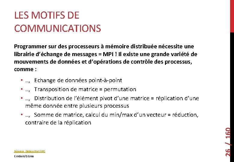 LES MOTIFS DE COMMUNICATIONS Programmer sur des processeurs à mémoire distribuée nécessite une librairie