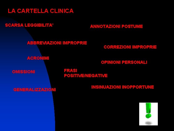 LA CARTELLA CLINICA SCARSA LEGGIBILITA’ ANNOTAZIONI POSTUME ABBREVIAZIONI IMPROPRIE ACRONIMI OMISSIONI GENERALIZZAZIONI CORREZIONI IMPROPRIE