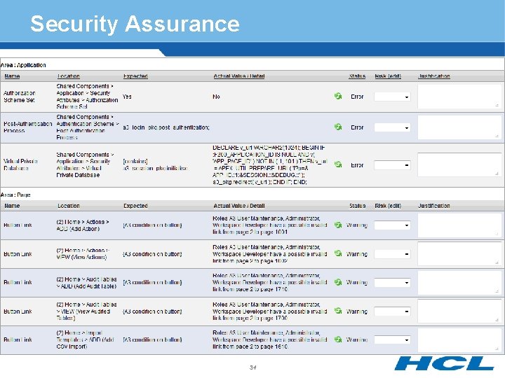 Security Assurance § Report checks application is set up correctly § Checks compliance to