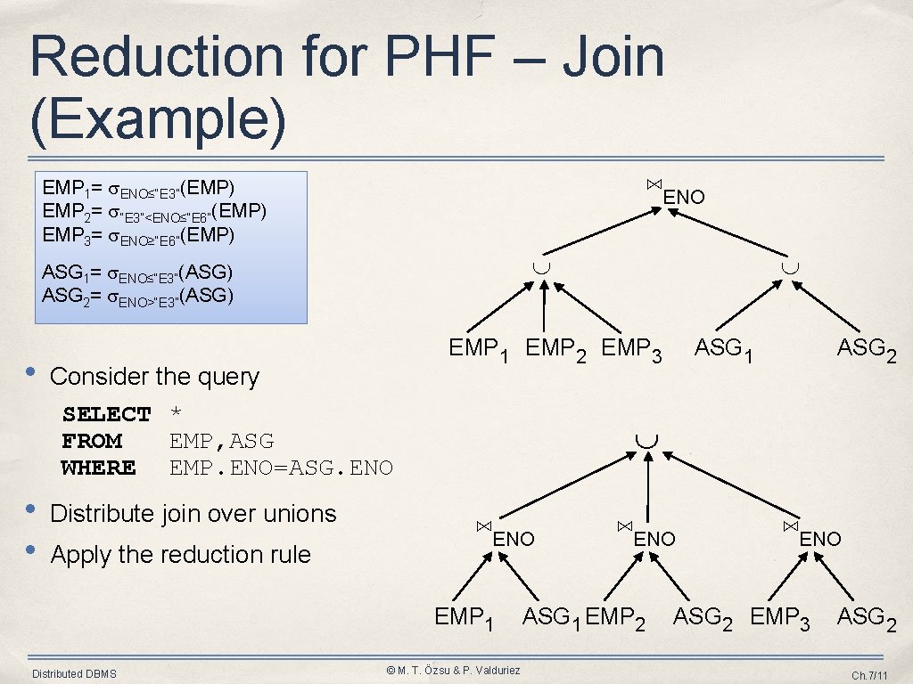 Reduction for PHF – Join (Example) ⋈ENO EMP 1= ENO≤“E 3”(EMP) EMP 2= “E