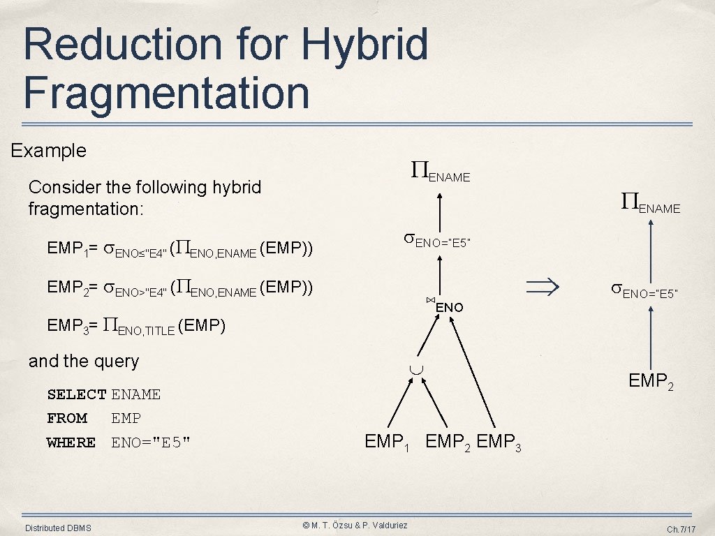 Reduction for Hybrid Fragmentation Example ENAME Consider the following hybrid fragmentation: ENAME EMP 1=