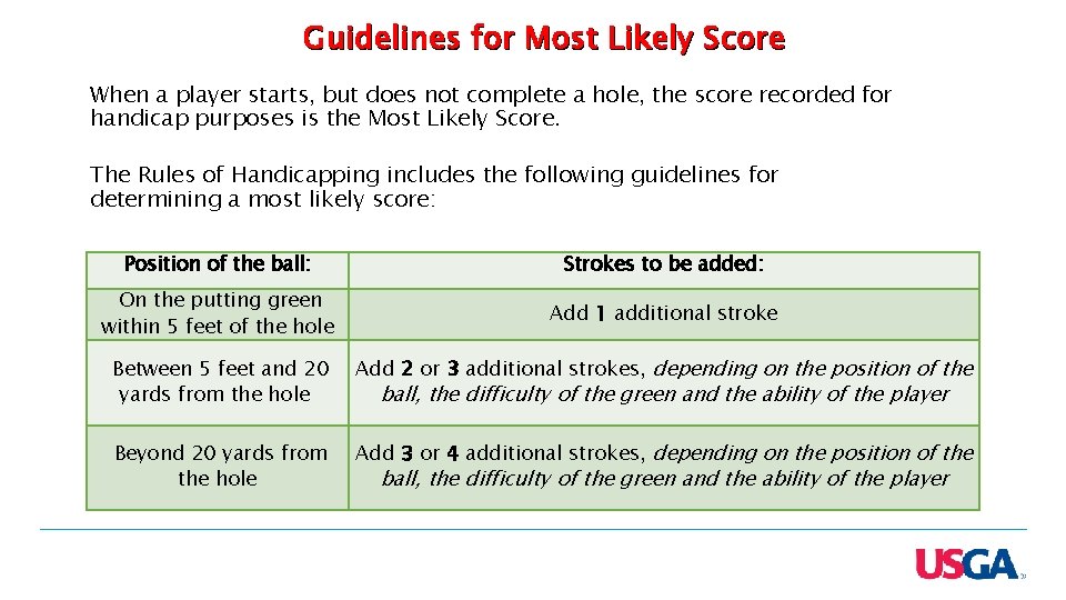 Guidelines for Most Likely Score When a player starts, but does not complete a