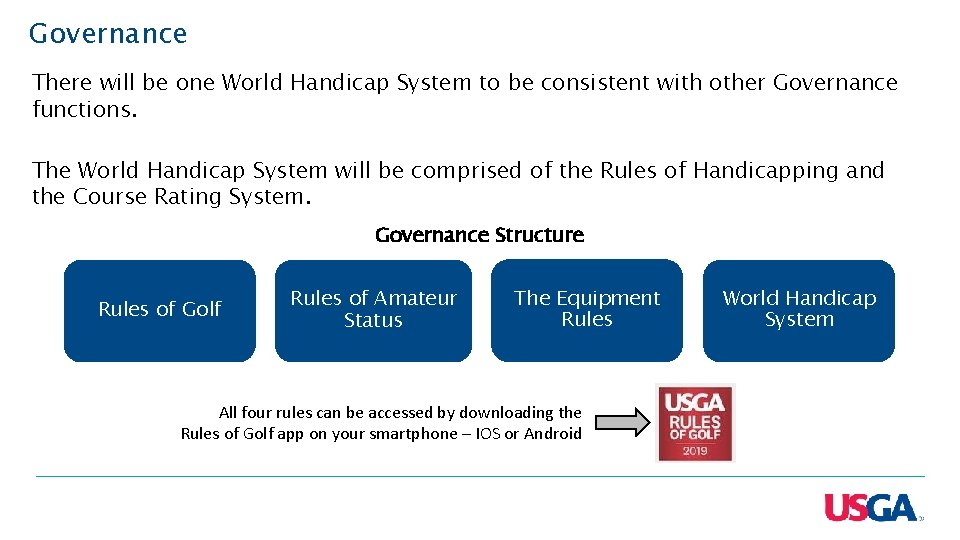 Governance There will be one World Handicap System to be consistent with other Governance