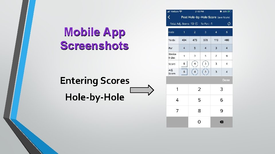 Mobile App Screenshots Entering Scores Hole-by-Hole 