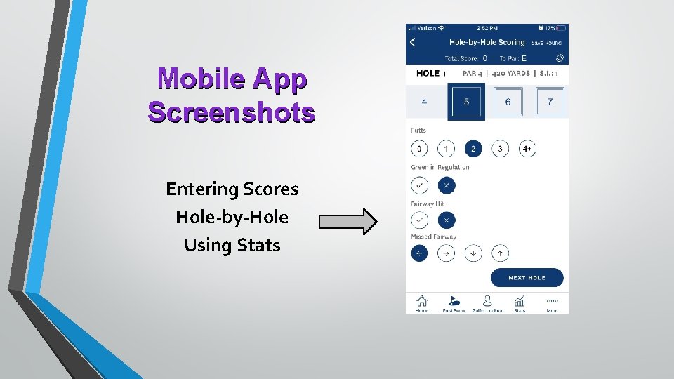 Mobile App Screenshots Entering Scores Hole-by-Hole Using Stats 