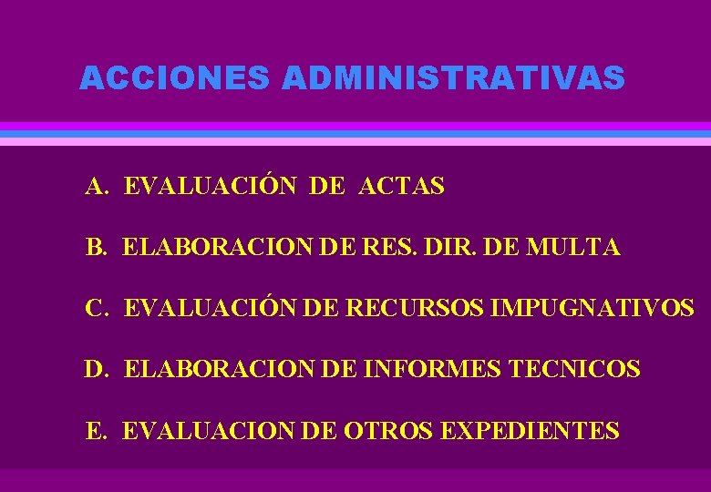 ACCIONES ADMINISTRATIVAS A. EVALUACIÓN DE ACTAS B. ELABORACION DE RES. DIR. DE MULTA C.